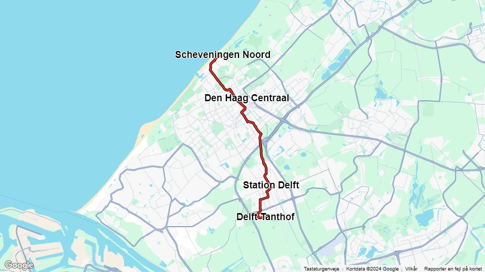 Den Haag Straßenbahnlinie 1: Scheveningen Noord - Delft Tanthof Linienkarte