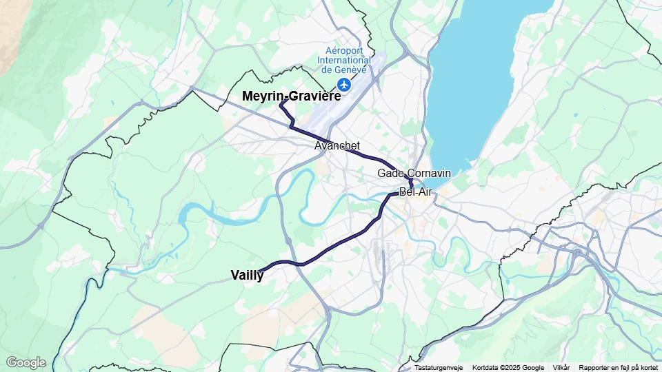 Genf Straßenbahnlinie 14: Vailly - Meyrin-Gravière Linienkarte