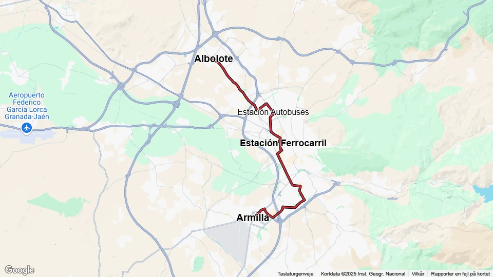 Granada Straßenbahnlinie M1: Albolote - Armilla Linienkarte