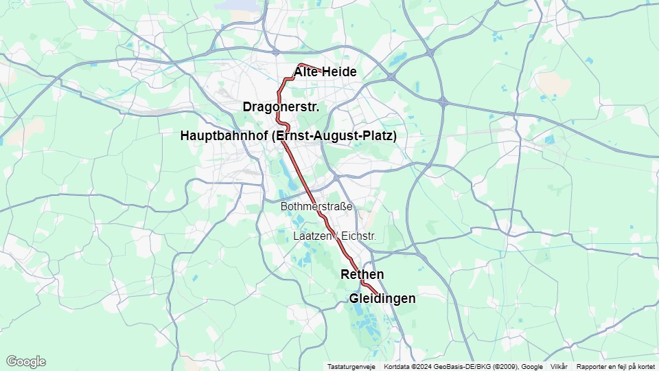 Hannover Straßenbahnlinie 2: Alte Heide - Gleidingen Linienkarte