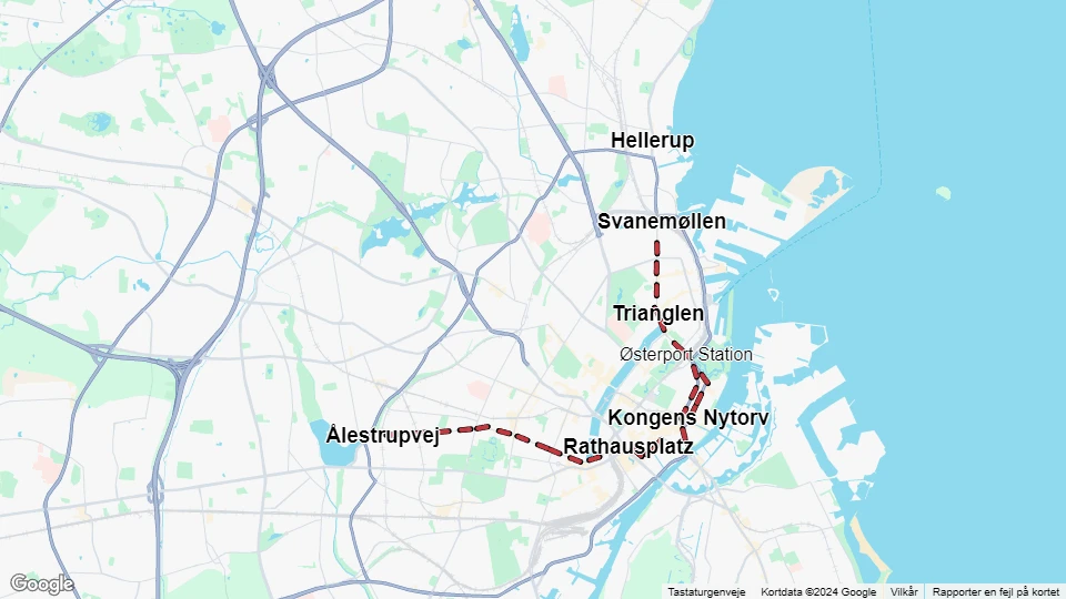 Kopenhagen Straßenbahnlinie 1: Svanemøllen - Ålestrupvej Linienkarte