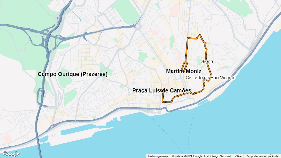 Lissabon Straßenbahnlinie 28E: Praça Luís de Camões - Martim Moniz Linienkarte