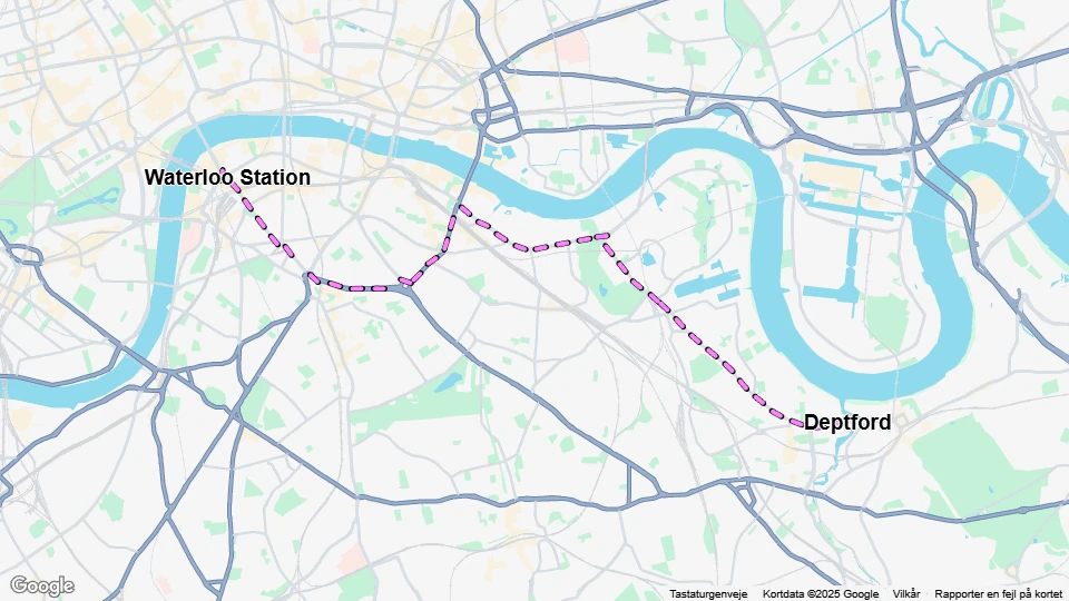 London Straßenbahnlinie 68: Waterloo Station - Deptford Linienkarte