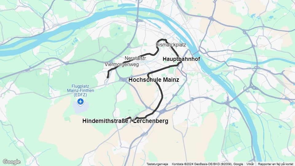 Mainz Straßenbahnlinie 51: Poststraße / Finthen - Hindemithstraße / Lerchenberg Linienkarte