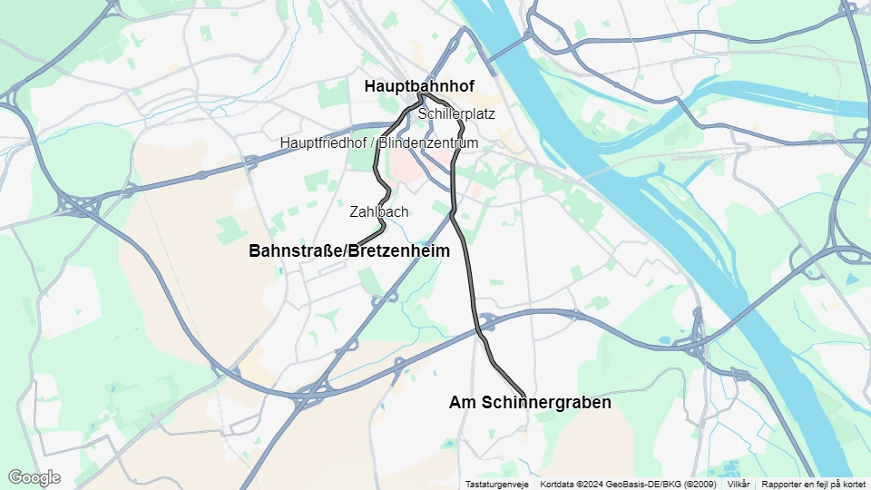 Mainz Straßenbahnlinie 52: Bahnstraße/Bretzenheim - Am Schinnergraben Linienkarte