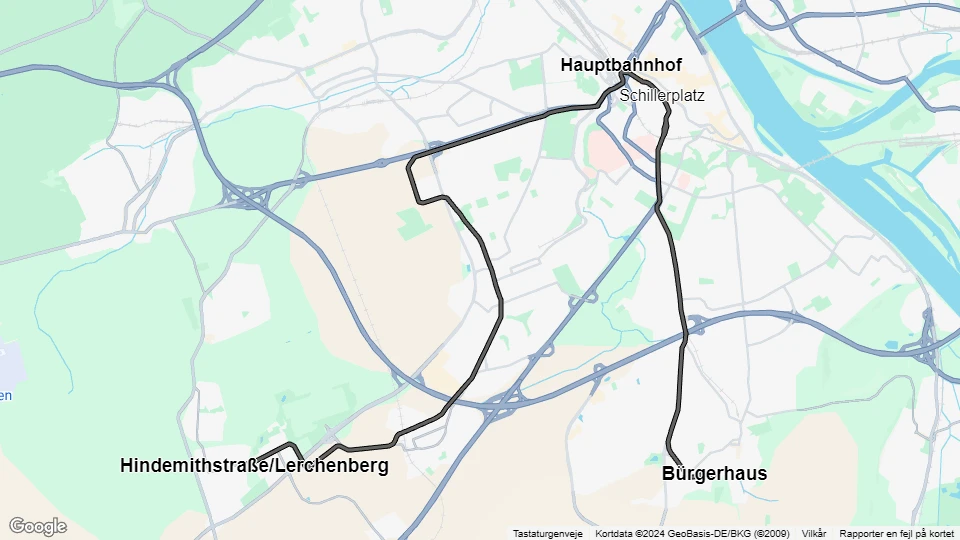 Mainz Straßenbahnlinie 53: Bürgerhaus - Hindemithstraße / Lerchenberg Linienkarte