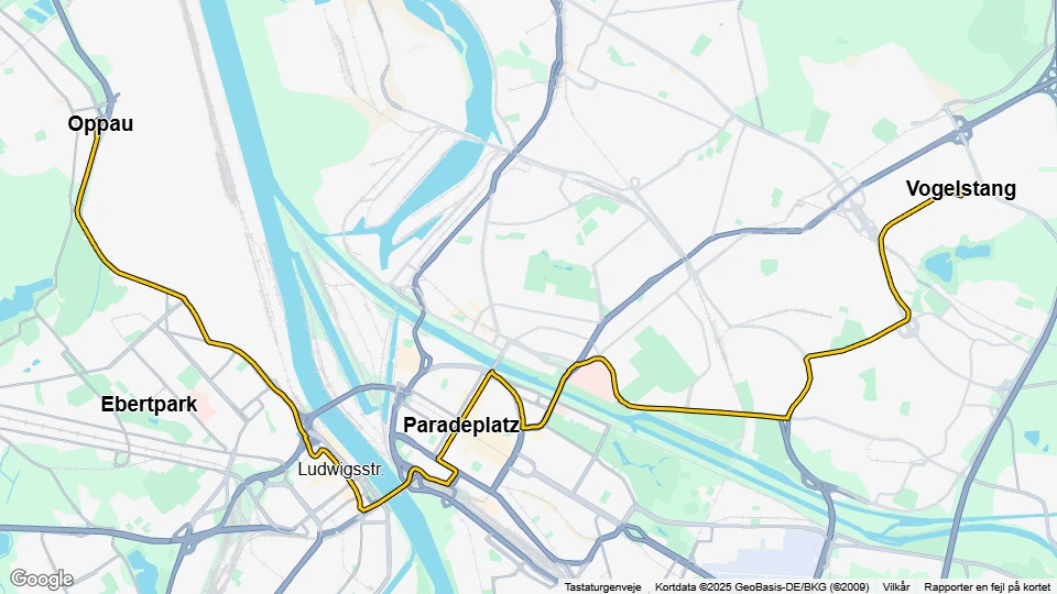 Mannheim Straßenbahnlinie 7: Oppau - Vogelstang Linienkarte