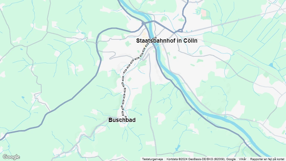 Meißen Straßenbahnlinie: Staatsbahnhof in Cölln - Buschbad Linienkarte