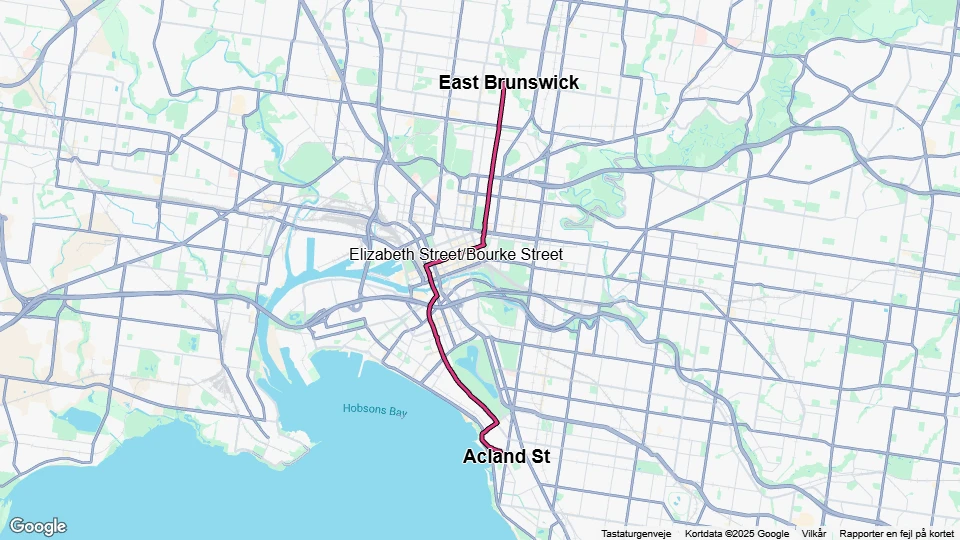 Melbourne Straßenbahnlinie 96): East Brunswick - Acland St Linienkarte