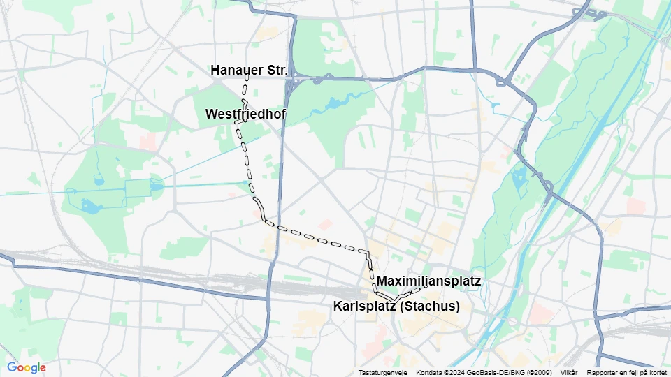 München Straßenbahnlinie 4: Maximiliansplatz - Hanauer Str. Linienkarte