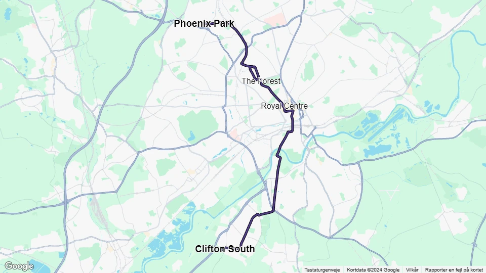 Nottingham Straßenbahnlinie Lila: Clifton South - Phoenix Park Linienkarte