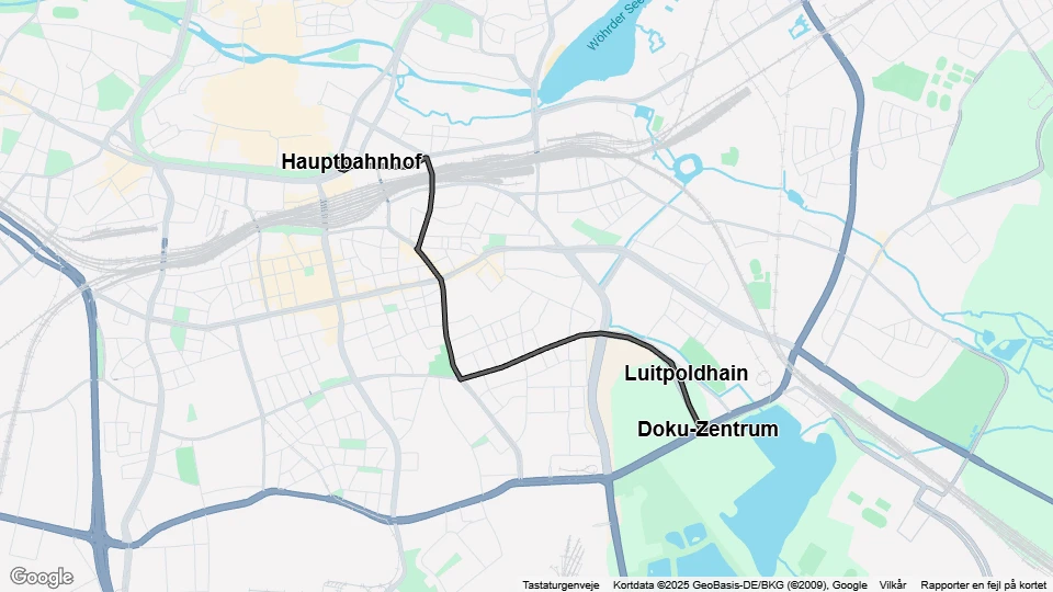 Nürnberg Straßenbahnlinie 9: Hauptbahnhof - Doku-Zentrum Linienkarte