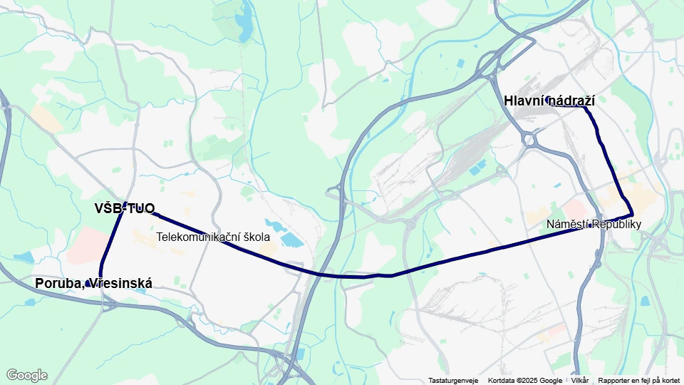 Ostrava Straßenbahnlinie 8: Hlavní nádraží - Poruba, Vřesinská Linienkarte