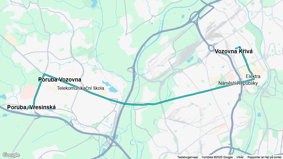 Ostrava Straßenbahnlinie 9: Poruba, Vřesinská - Vozovna Křivá Linienkarte