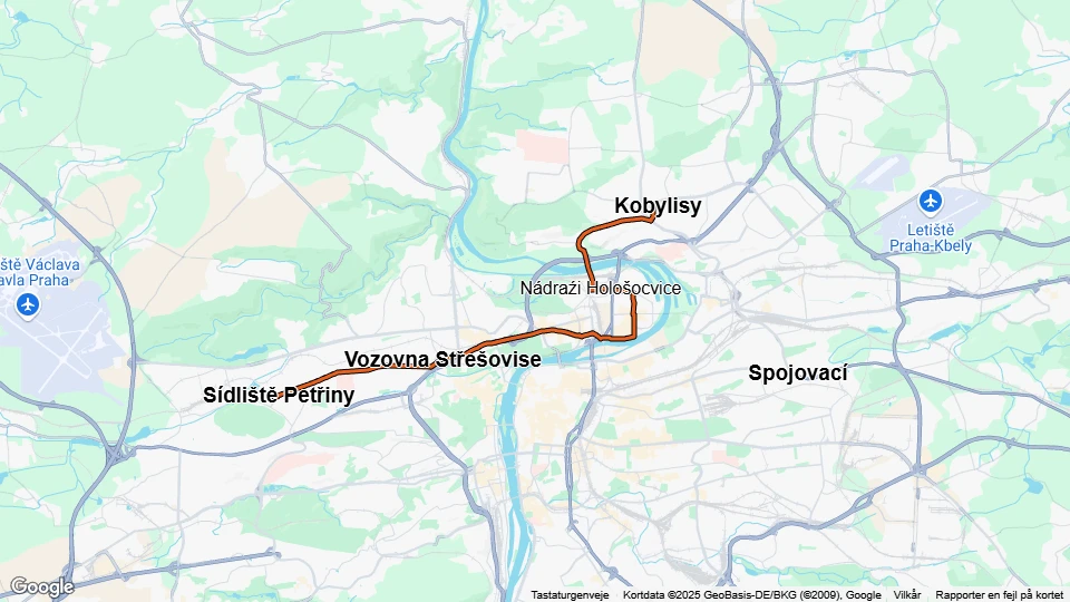 Prag Straßenbahnlinie 1: Sídliště Petřiny - Kobylisy Linienkarte