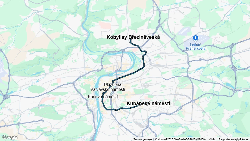 Prag Straßenbahnlinie 24: Kubánské náměstí - Kobylisy Březiněveská Linienkarte