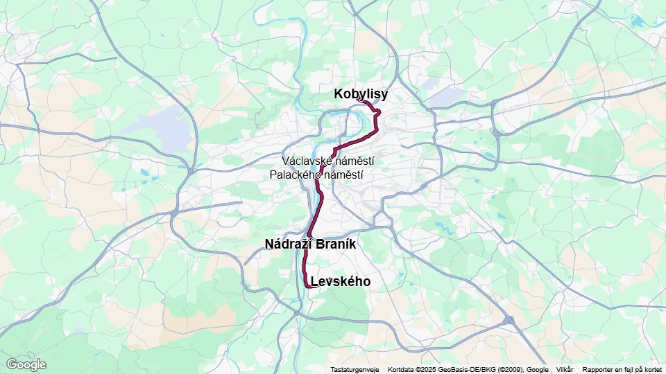 Prag Straßenbahnlinie 3: Kobylisy - Levského Linienkarte