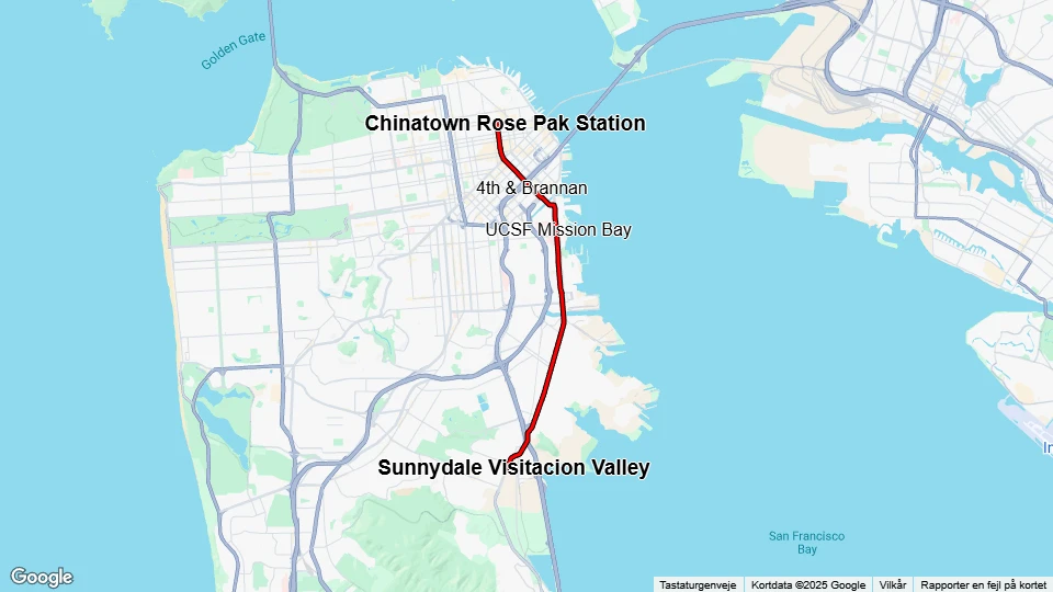 San Francisco Straßenbahnlinie T Third Street: Chinatown - Sunnydale Linienkarte