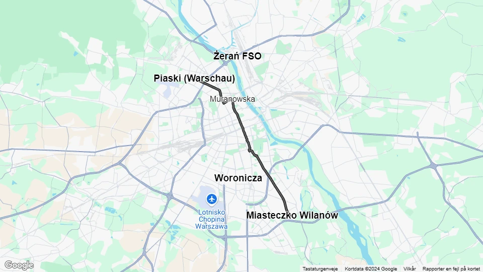 Warschau Straßenbahnlinie 16: Miasteczko Wilanów - Piaski (Warschau) Linienkarte