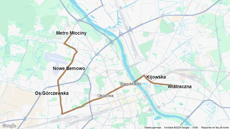 Warschau Straßenbahnlinie 26: Metro Młociny - Wiatraczna Linienkarte