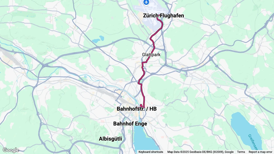 Zürich Regionallinie 10: Bahnhofplatz/HB - Zürich Flughafen Linienkarte