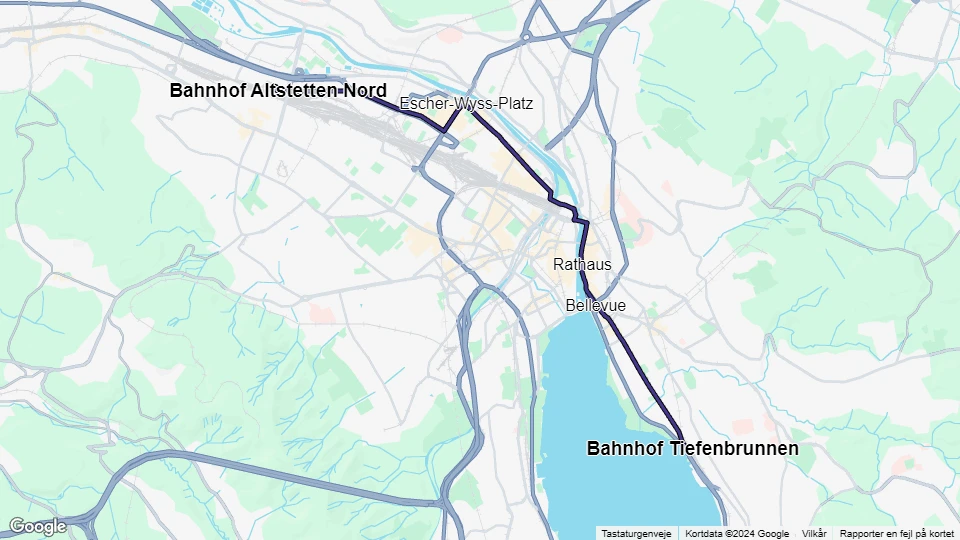 Zürich Straßenbahnlinie 4: Bahnhof Tiefenbrunnen - Bahnhof Altstetten Nord Linienkarte